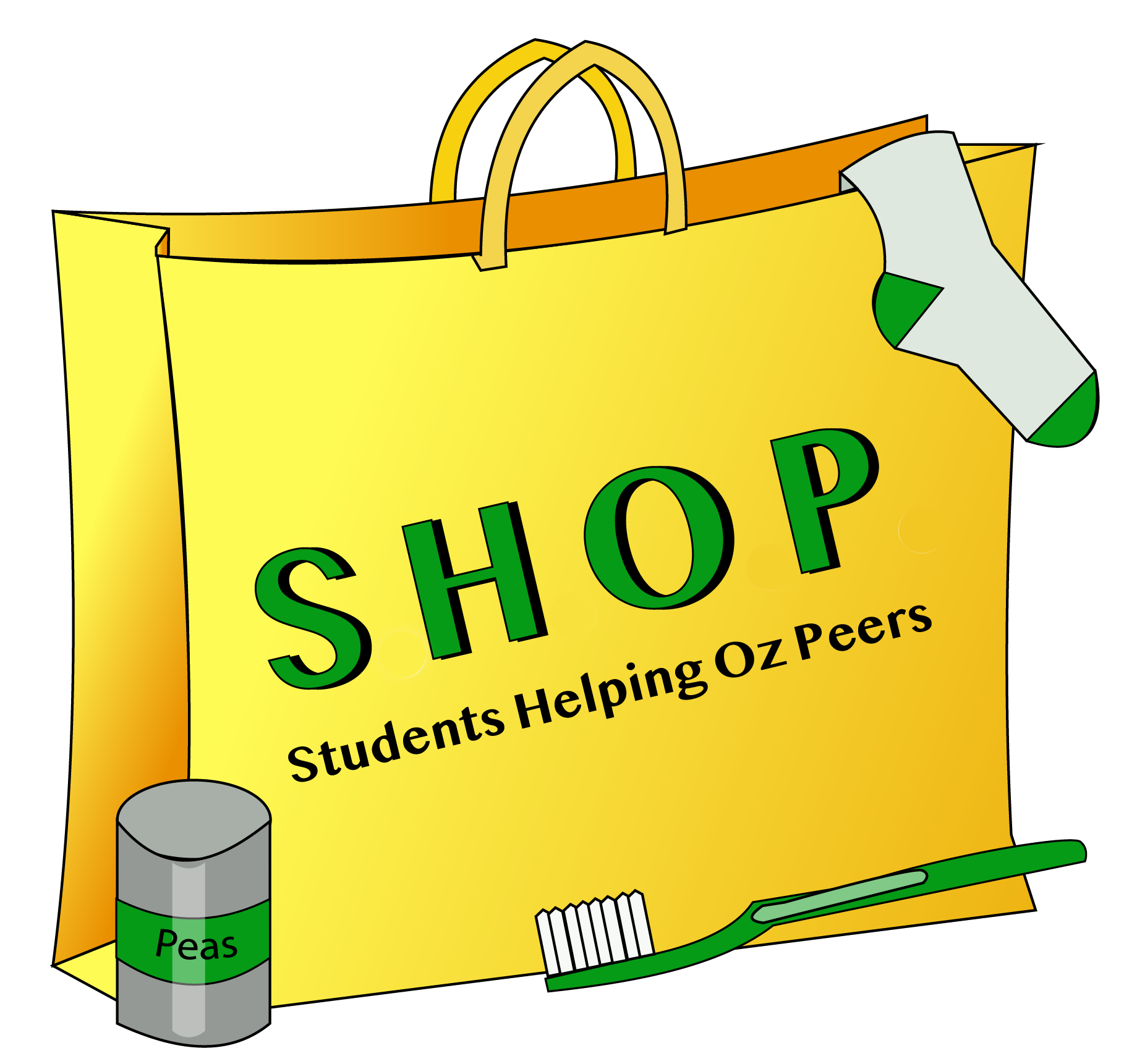 Illustration of a yellow bag with the words &quot;SHOP, Students Helping Oz Peers&quot; on the front. A sock is folded over the top of the bag, and a can of peas and toothbrush are in front of the bag.