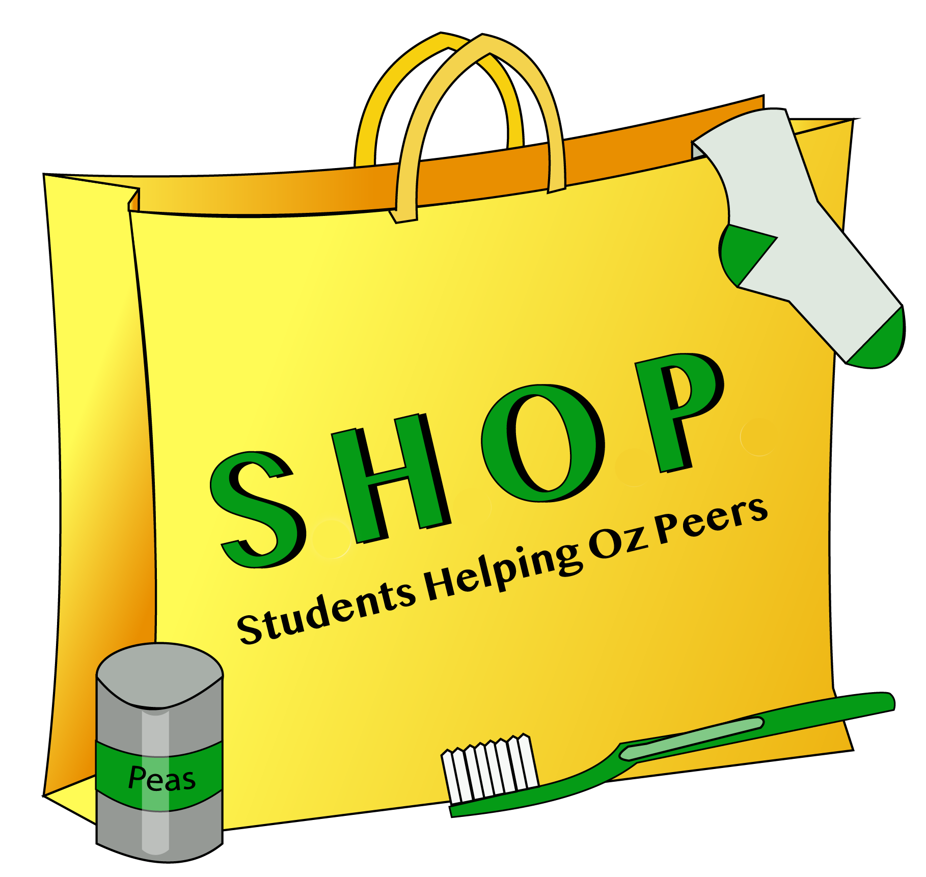 Illustration of a yellow bag with the words "SHOP, Students Helping Oz Peers" on the front. A sock is folded over the top of the bag, and a can of peas and toothbrush are in front of the bag.