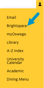 Image of the Quick Links menu located on the top level SUNY Oswego website navigation bar highlighting the Brightspace link
