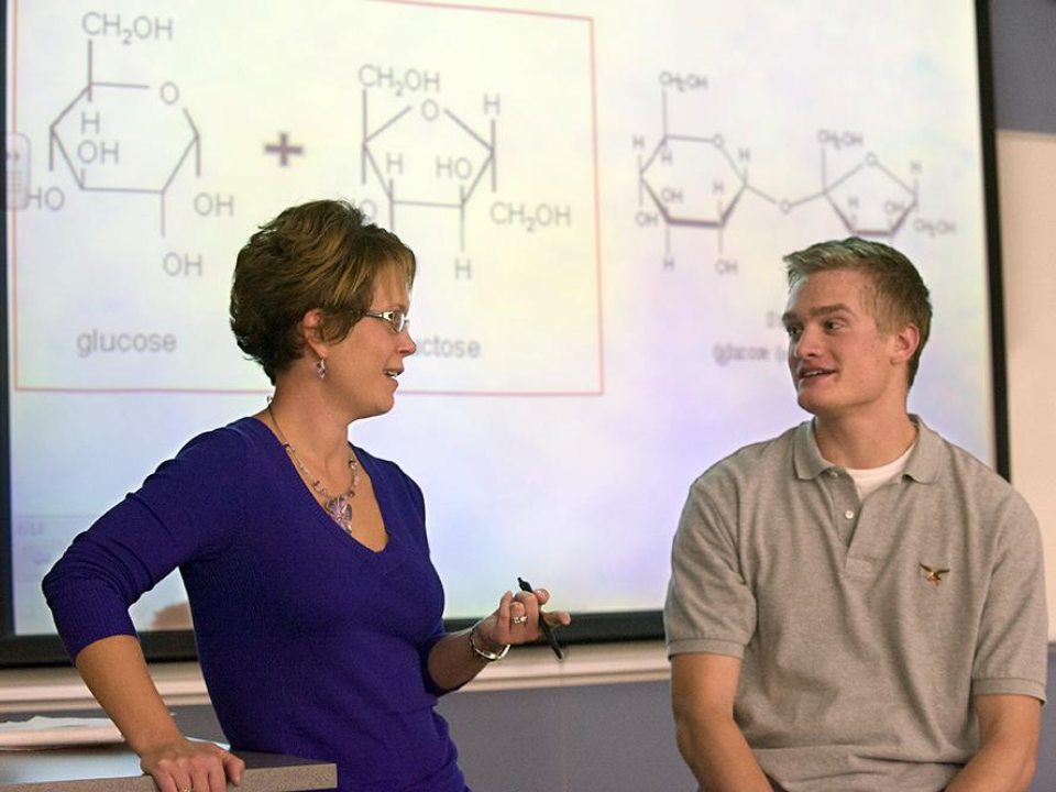 A teacher and student talking in front of a projection screen