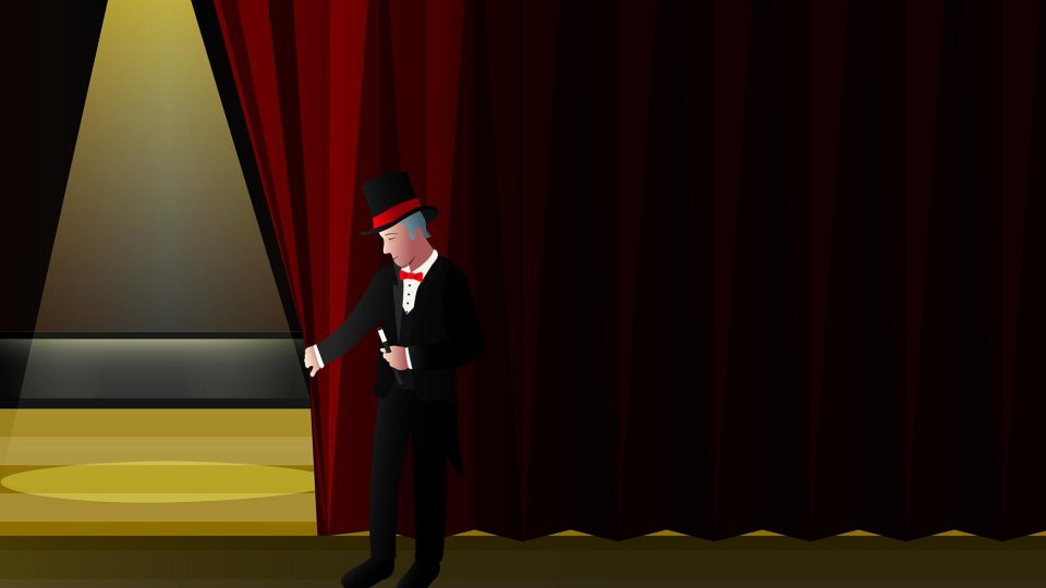 illustration of a man in a top hat and suit standing backstage opening the curtain