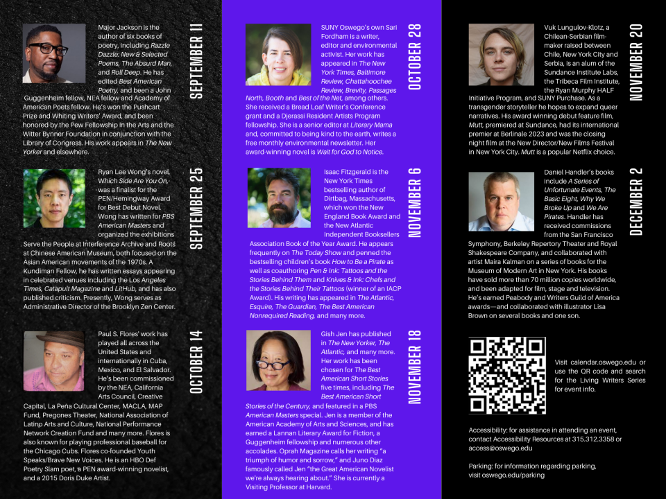 Brochure listing 2024 author visits. Info also available by visiting the oswego events calendar.