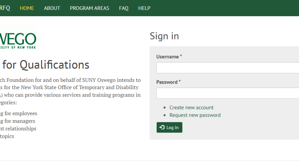 Screenshot of the Request for Qualifications homepage against a white background featuring the SUNY Oswego LOGO