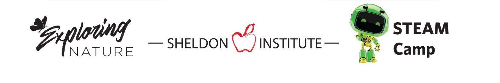 Sheldon Institute Logo with black text and a red apple along with the supporting logos for STEAM camp and Exploring Nature against a white background