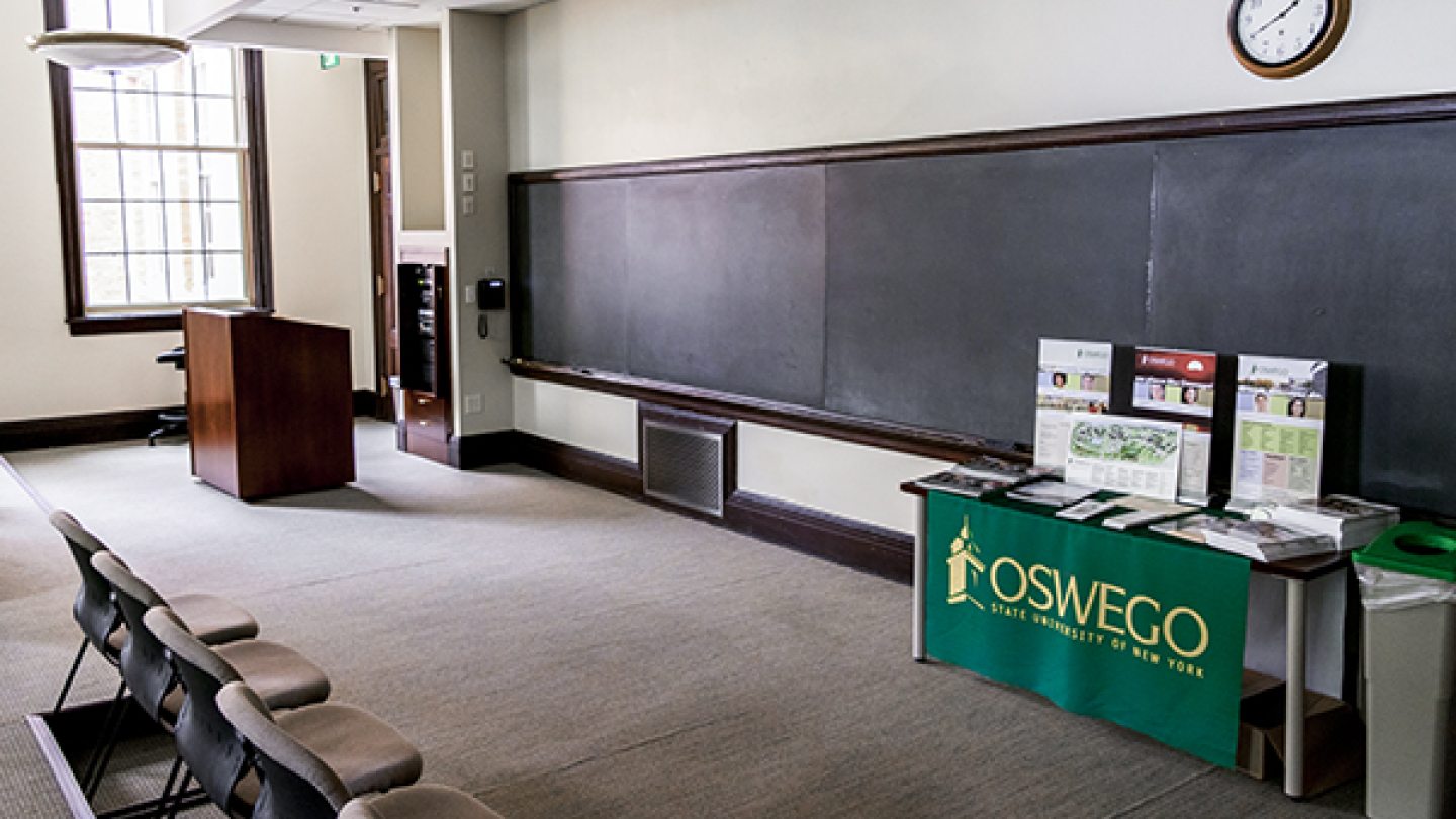 an historic classroom with blackboards in Sheldon Hall