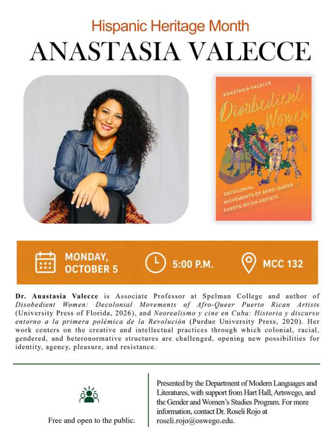 Flyer advertising talk for Hispanic Heritage Month by Anastasia Valecce on new book "Disobedient Women" hosted on Monday October 5 at 5pm in MCC 132