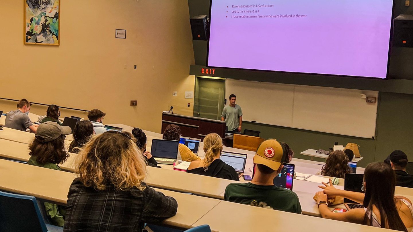 Michael Flemming gives his capstone presentation to Prof Haak&#039;s HIS102 class