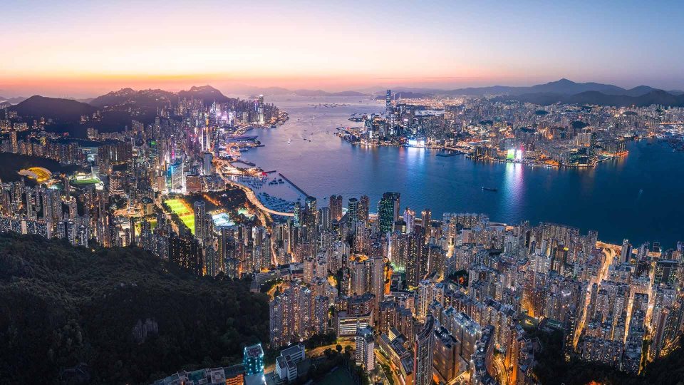 Ariel view of the city of Hong Kong at night