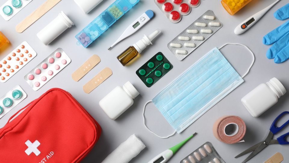 Birds eye view of medical items from a doctors office