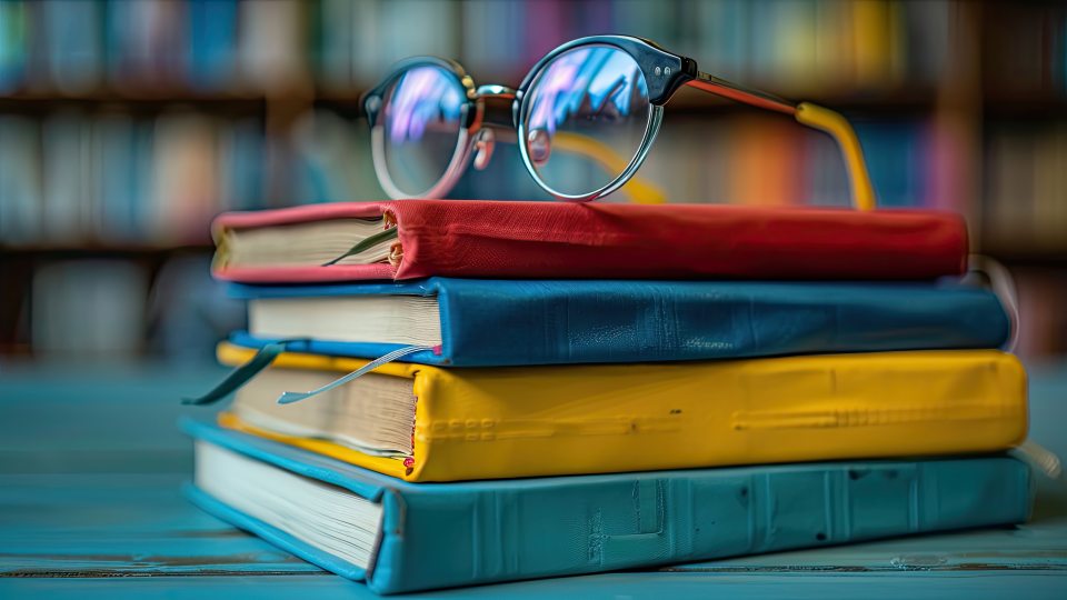 Glasses on top of colorful books