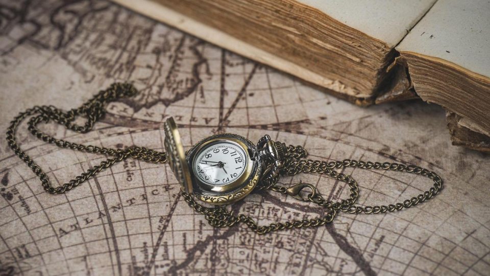 Vintage pocket watch laying on top of vintage world map