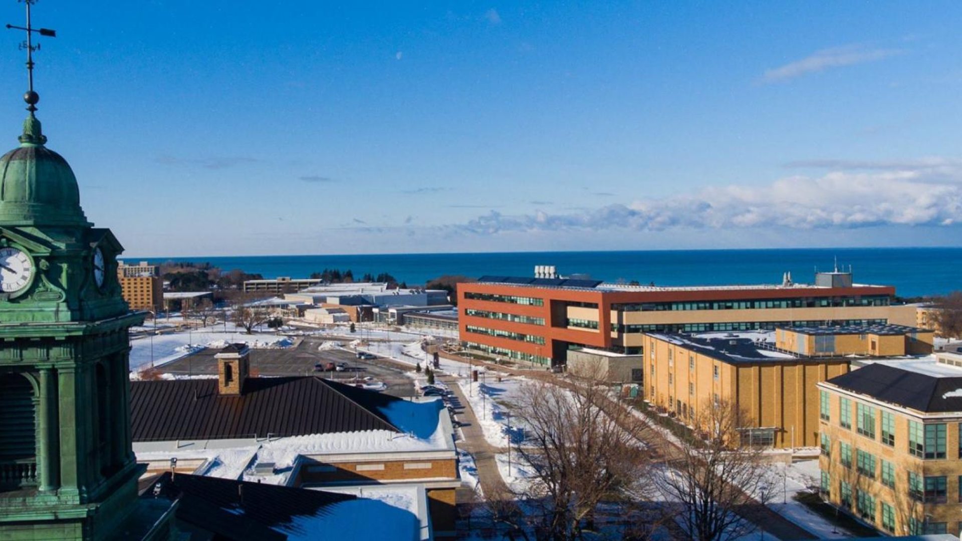 aerial view of campus looking toward the lake