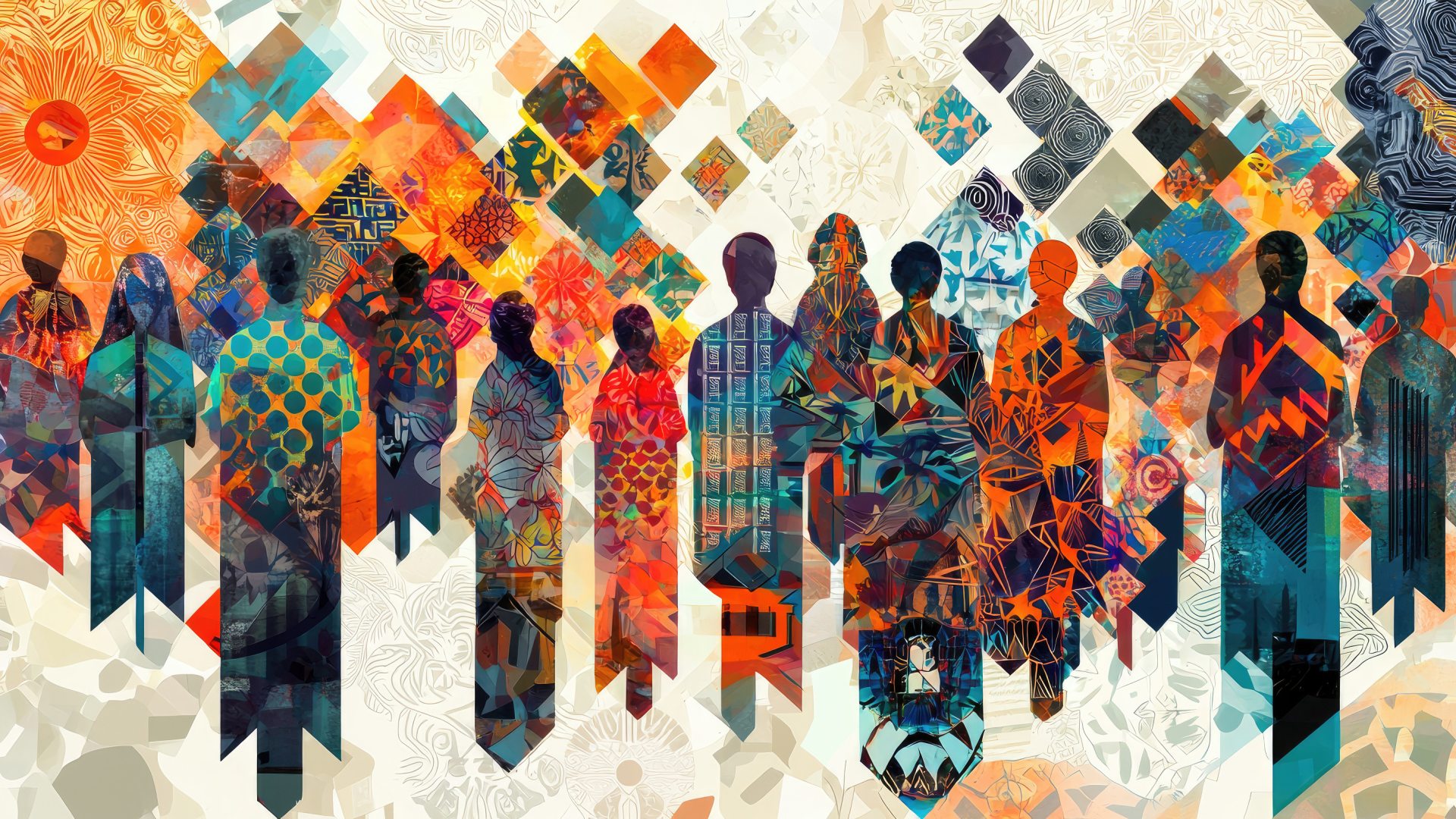 Colorfully patterned silhouettes of individuals