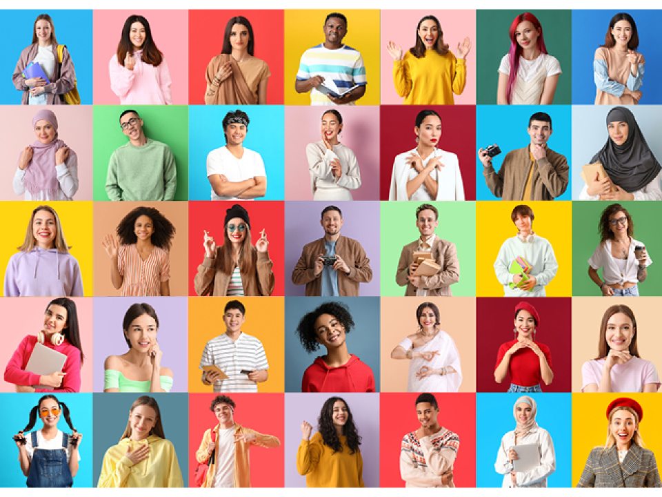 A vibrant collage of diverse students smiling and waving in front of colorful backgrounds, symbolizing global unity and the celebration of International Student Day during International Education Week.