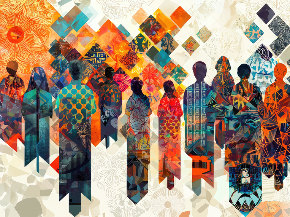 Abstract art showing diverse global figures and patterns, symbolizing connection and cultural exchange for International Education Week