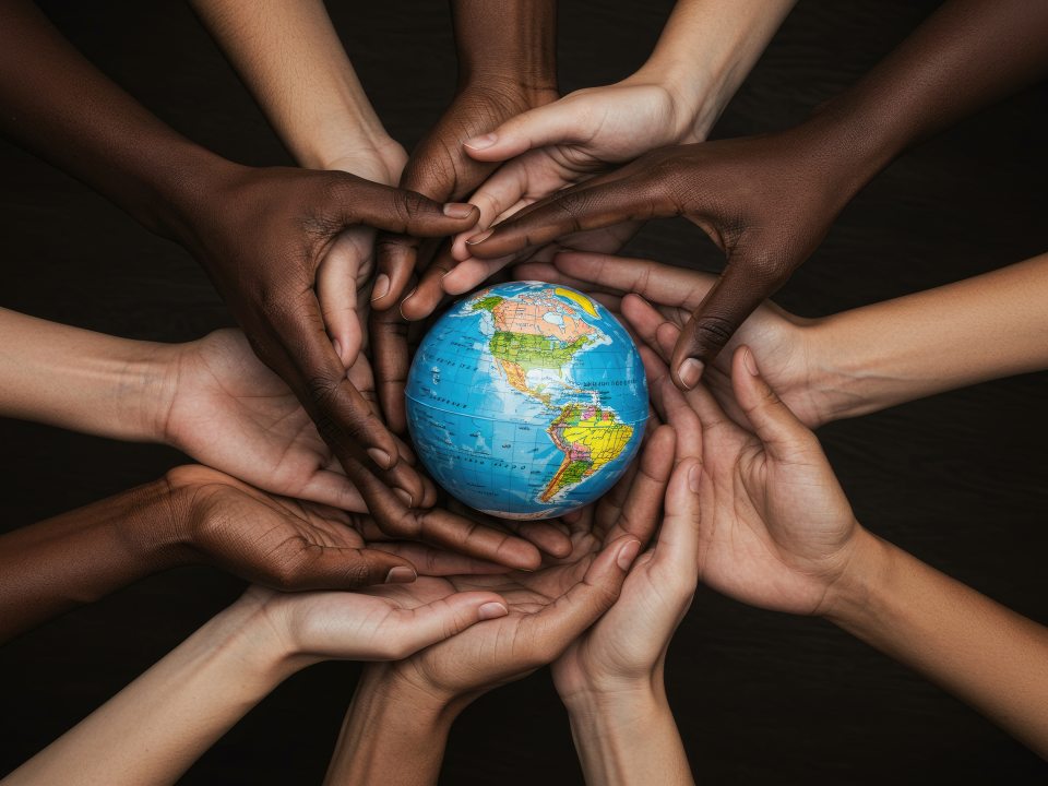 Diverse hands reaching towards a globe, symbolizing unity and global cooperation, set against a dark background