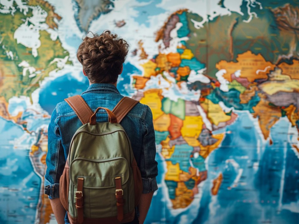 Male student in backpack stares at world map on wall