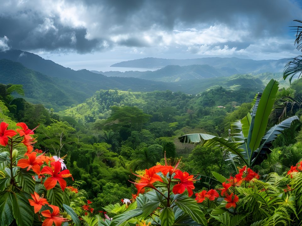  Downloaded A panoramic view capturing the beauty of Puerto Rican hibiscus, amapola (Thespesia grandiflora), in full bloom amidst the tropical rainforest of El Yunque National Forest, Puerto Rico