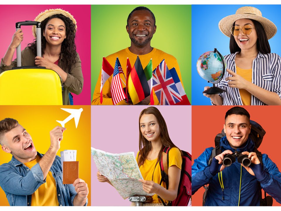 Colorful collage of six smiling students and travelers with luggage, maps, flags, a globe, and travel gear representing study abroad and international travel.