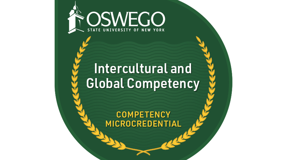 SUNY Oswego Intercultural and Global Competency microcredential badge featuring a green shield design with gold laurel branches.