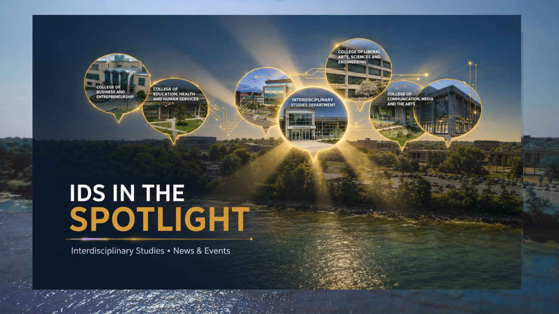 Aerial view of SUNY Oswego’s lakeside campus with glowing gold connections linking photo callouts for the university’s colleges and the Interdisciplinary Studies Department, emphasizing interdisciplinary learning across campus. The lower-left text reads “IDS in the Spotlight — Interdisciplinary Studies • News & Events.”