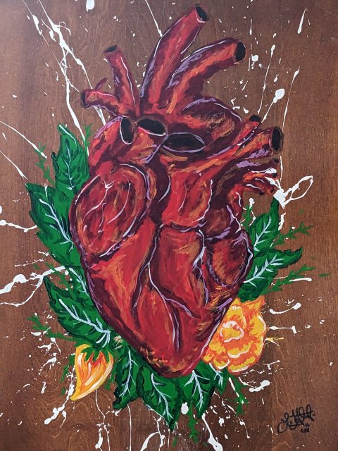 painting by Luis Hurtado of a human heart with orange flowers and green leaves behind it