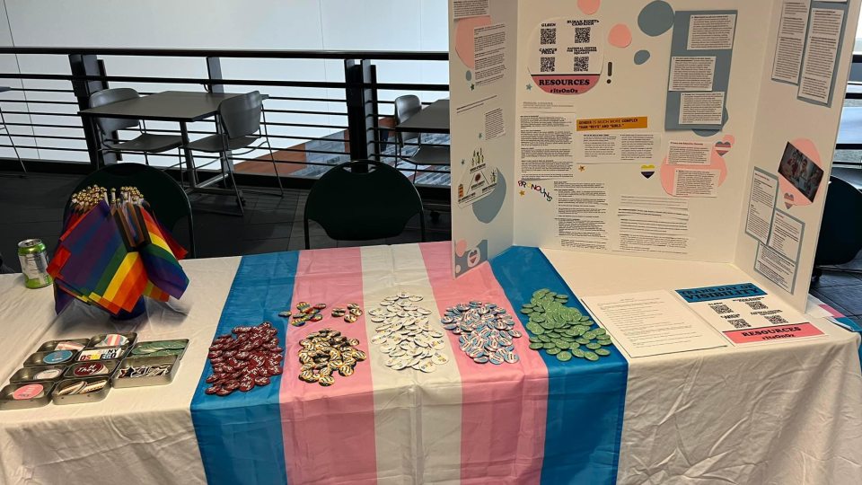 Tabling event for Trans Day of Visibility with Pride flags, pronoun buttons, stickers, and a poster board with history and resources.