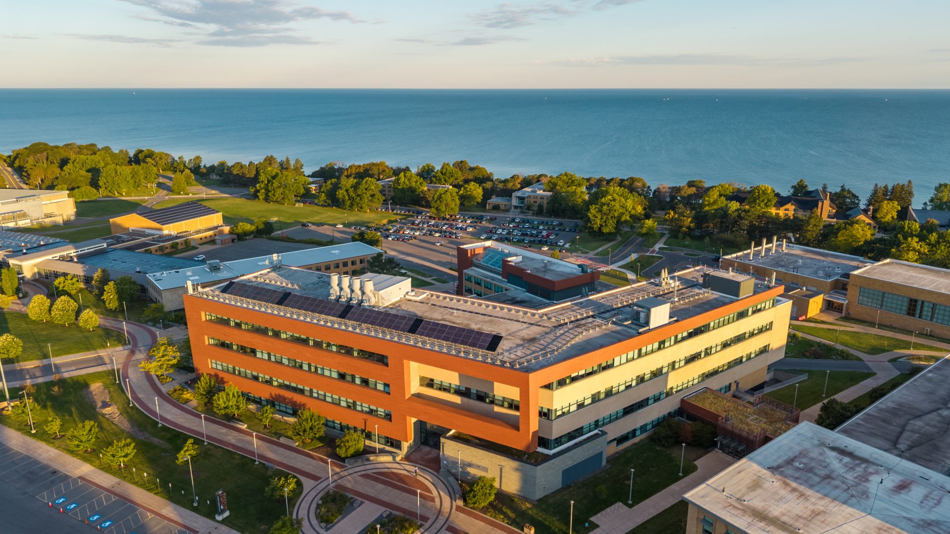 aerial photo of the Shineman Center and Lake Ontario