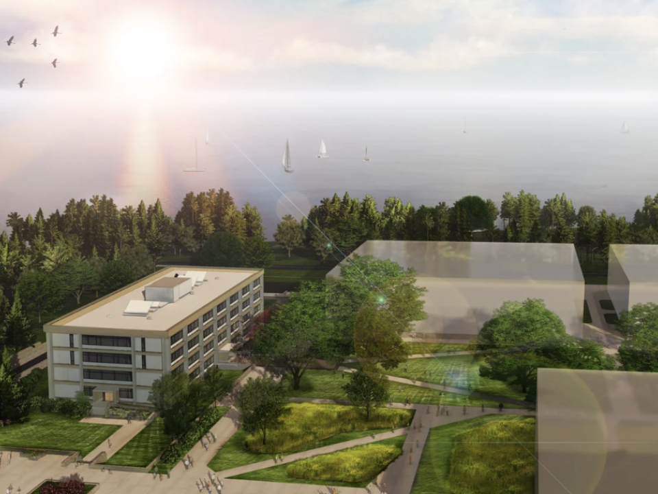 Architectural rendering of the future Mahar Hall renovation with campus pathways and Lake Ontario in the background.