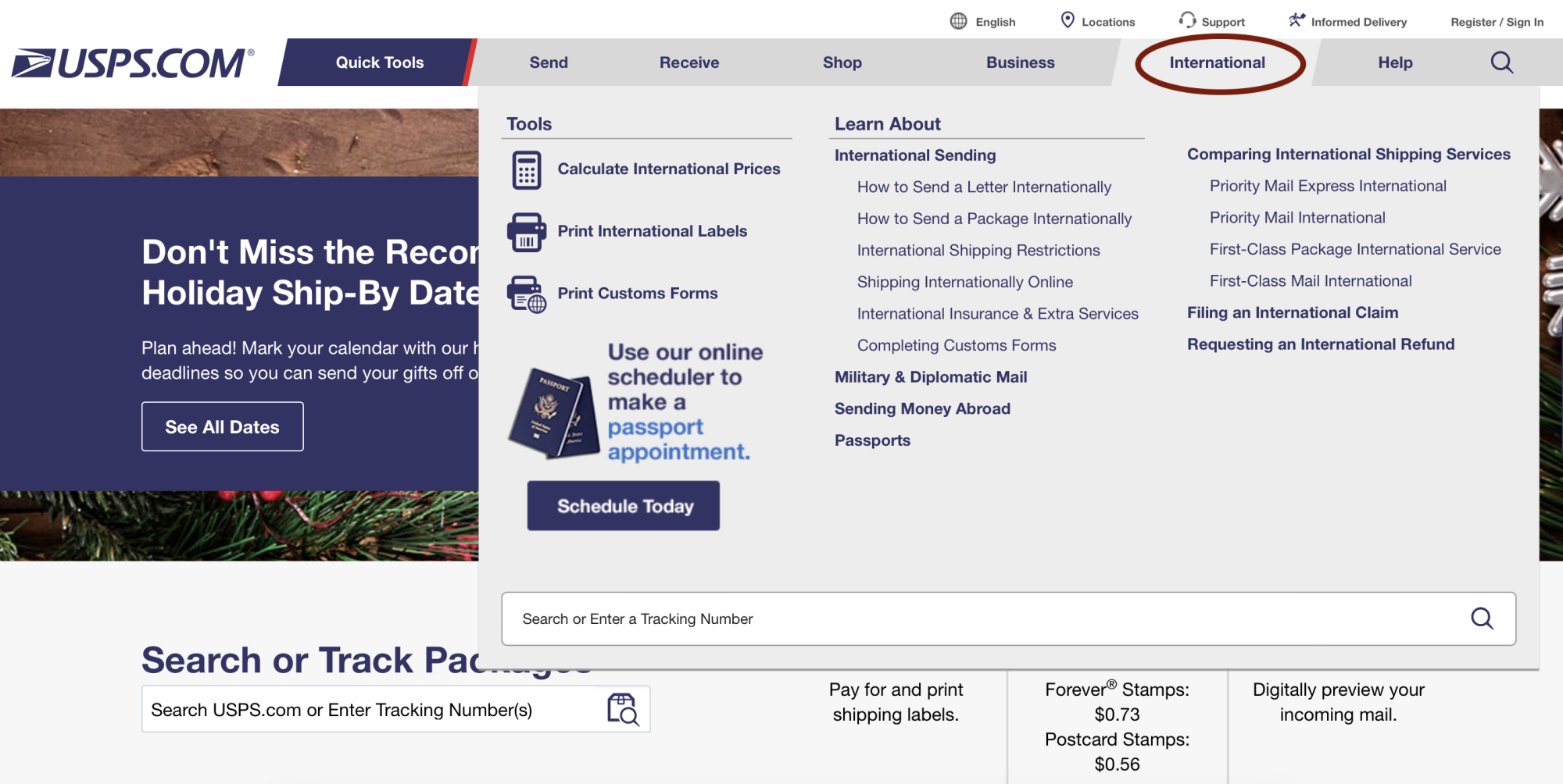 USPS.com navigation bar with tabs Quick Tools, Send, Receive, Shop, Business, International, and Help. A dark red circle is on the International tab, with the dropdown options open.