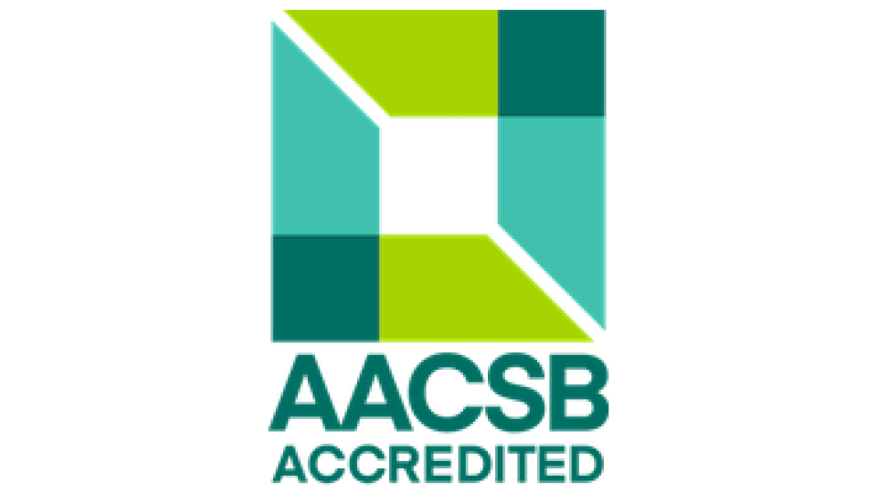 AACSB Accredited logo with geometric shapes in green and teal.