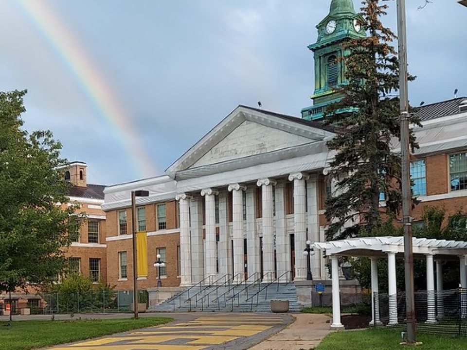 A rainbow seen over Sheldon Hall