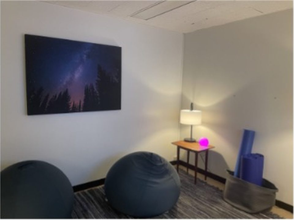 A harmony room with soft lighting and beanbag chairs