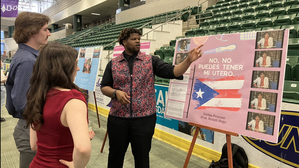 Our student Menelek Prosser participated in the Sixth Undergraduate Research Conference, The Body Tells the Story: Embodied Histories and Social Change in Latin America and the Caribbean (LACAS) at Binghamton University this past semester. He presented his paper, “Warriors of the Womb,” which examines women’s reproductive rights in Puerto Rico. He also presented part of his research findings at Quest 2026 at SUNY Oswego.