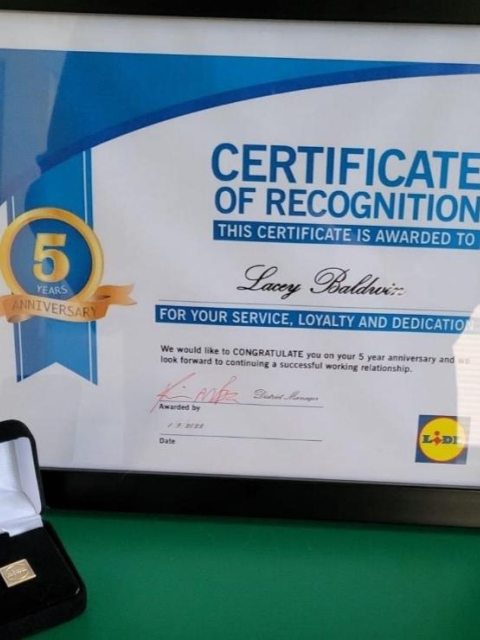 Lacey Baldwin's Certificate of Recognition Award