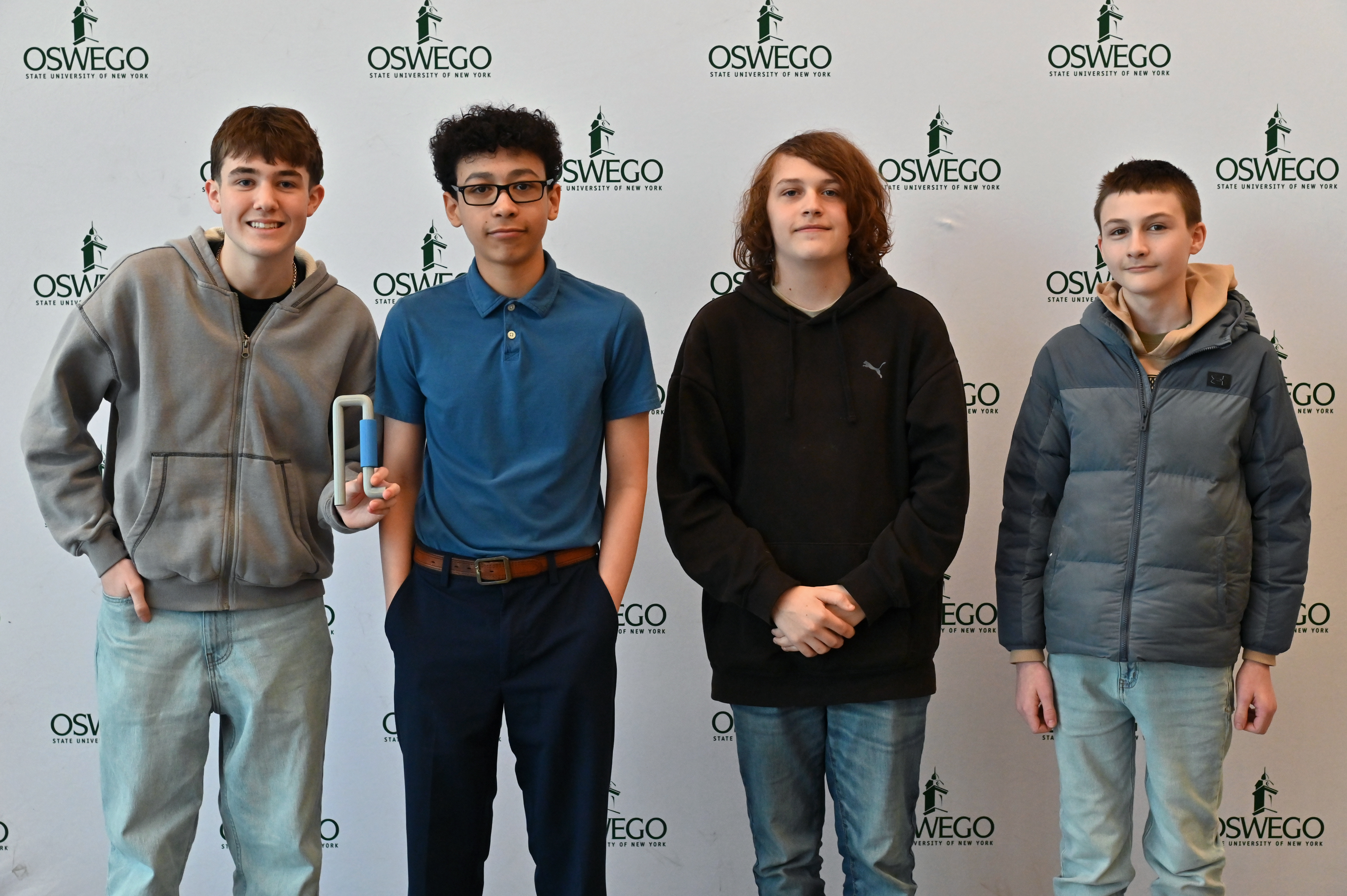 The Project Orion team won the first-ever Innovators Showcase at SUNY Oswego, a partnership between the university, CiTi BOCES’ P-TECH and Engineering Week sponsor Micron Technology. The winning team, from left, are Conner Falise, Wesley Elsner, Lucas Shaffner and Trenton Baker.