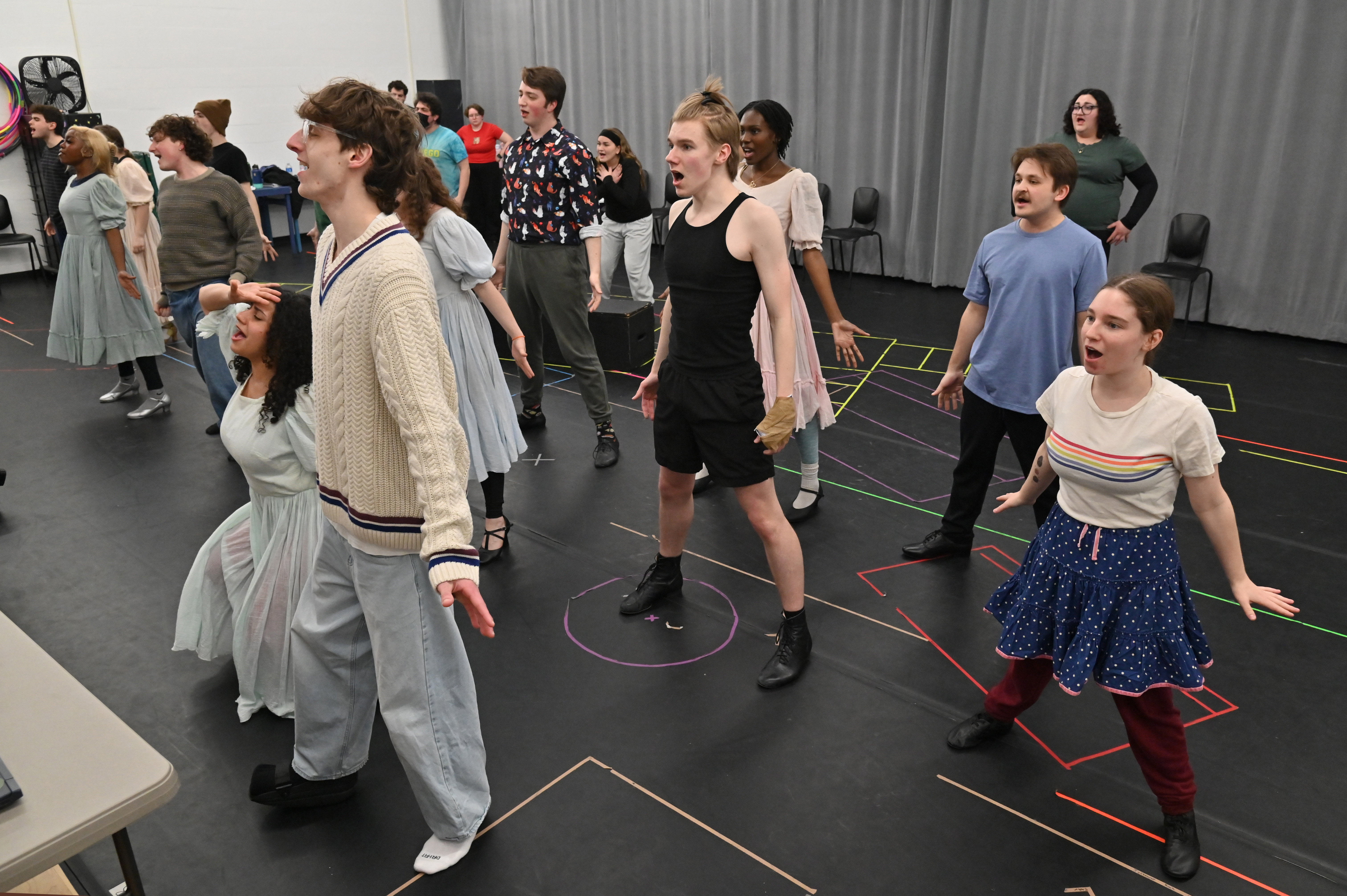 Students work on a musical number in an early rehearsal of "All Shook Up."