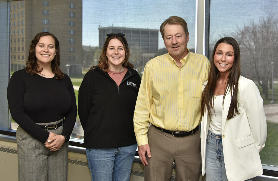 SUNY Oswego’s Chemistry Department organized an alumni panel on April 27 that welcomed back, from left, Christina Scalzo, Ashley Kent, Douglas Dickson and Kimberly LaGatta Mancarella.