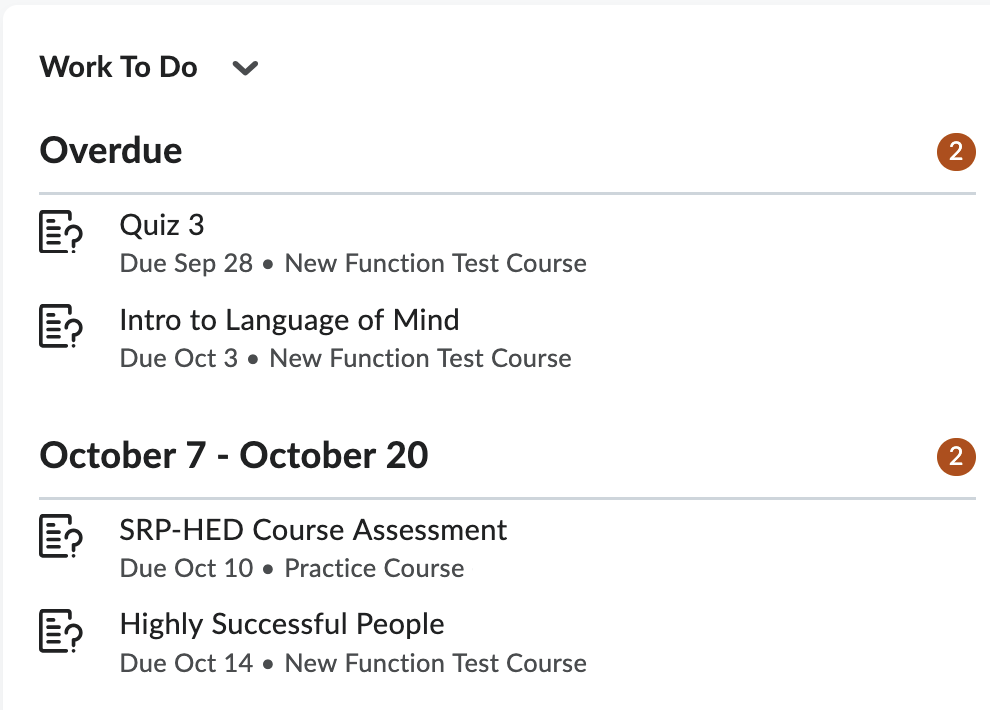 Work to do widget showing options