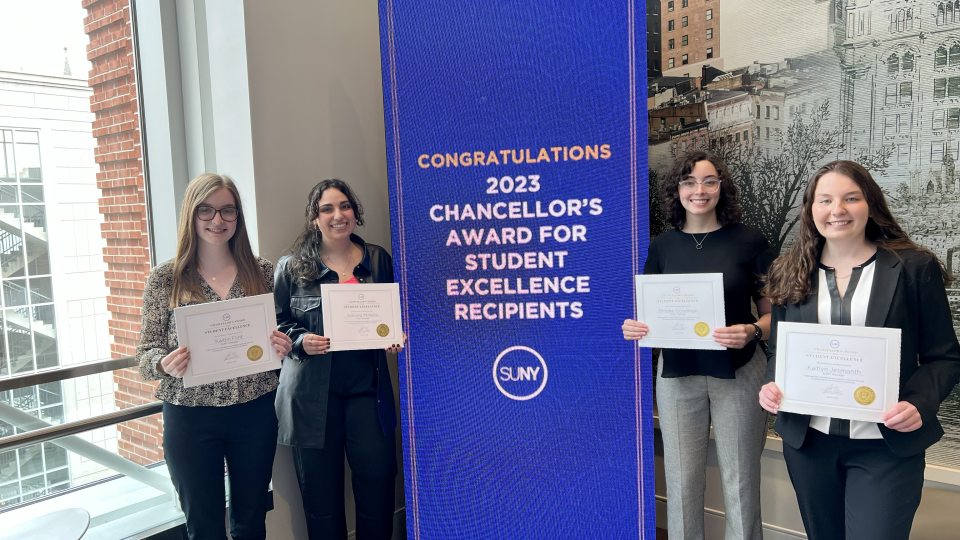From left, Kaitlin Flint, Adriana Militello, Brooke Goodman and Kaitlyn Jesmonth at the April ceremony in Albany celebrating their Chancellor's Awards for Student Excellence