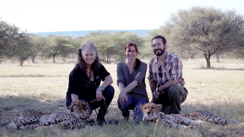 Cinema and screen studies faculty members Tiffany Deater and Jarrod Hagadorn with (at left) Laurie Marker, founder and director of the Cheetah Conservation Fund