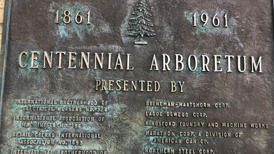 Plaque from Centennial Arboretum in 1961 thanking many supporters