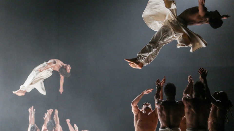 Cie Herve KOUBI, shown with two of its members soaring above the stage, is a high-energy 13-man dance troupe from Algeria and Burkina Faso will perform in February