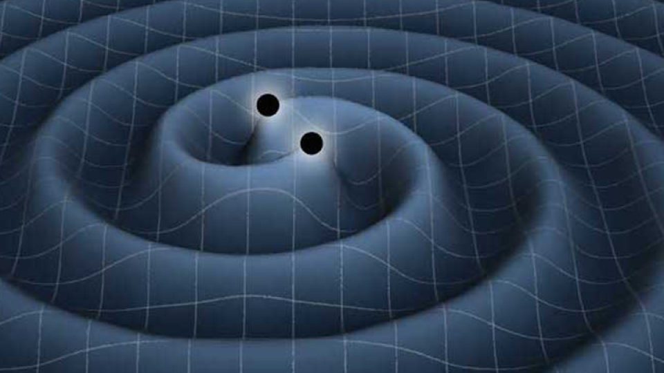 Illustration of gravitational waves around two black holes in space