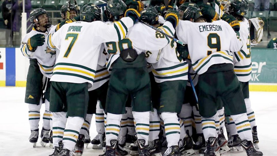 Laker men's hockey players celebrate