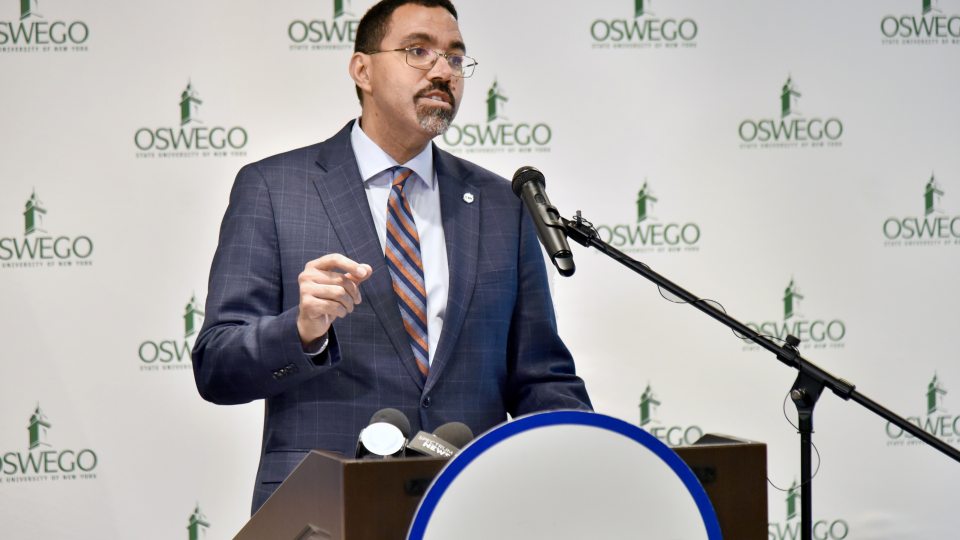 SUNY Chancellor John B. King Jr.'s visit to the SUNY Oswego campus on Wednesday, Feb. 14, included the announcement of nearly $10 million in annual state funding to increase mental health services and support across the SUNY system, including SUNY Oswego,