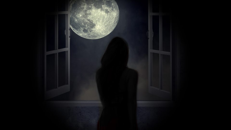 Production image for Elsewhere showing a lone figure in front of a dark window and with a full moon