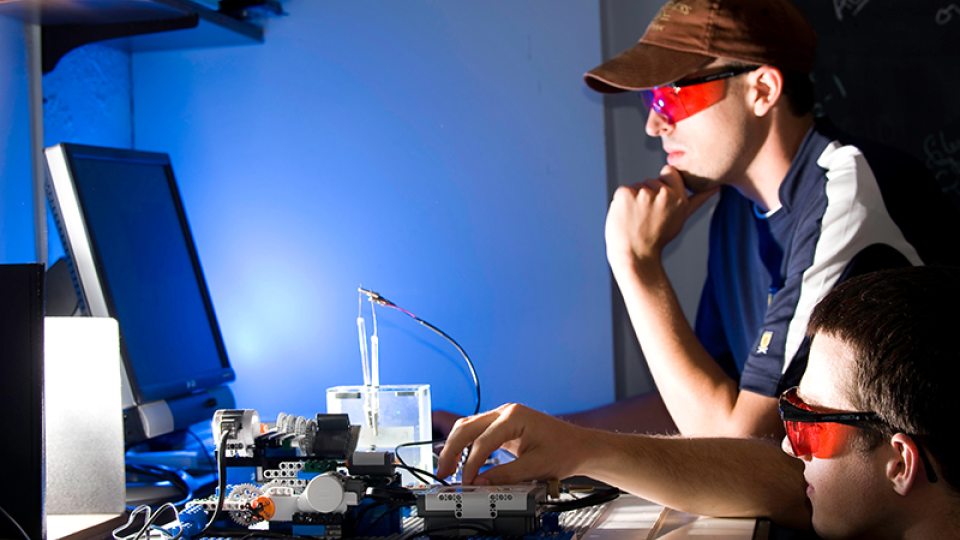Electrical and Computer Engineering student in the lab