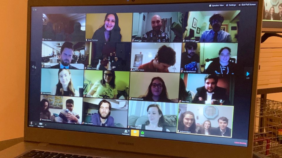 Zoom grid scene with participants in award ceremony for the virtual college film festival