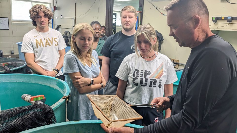 Students from SUNY Oswego and Cortland look at fish being reared to restock the region